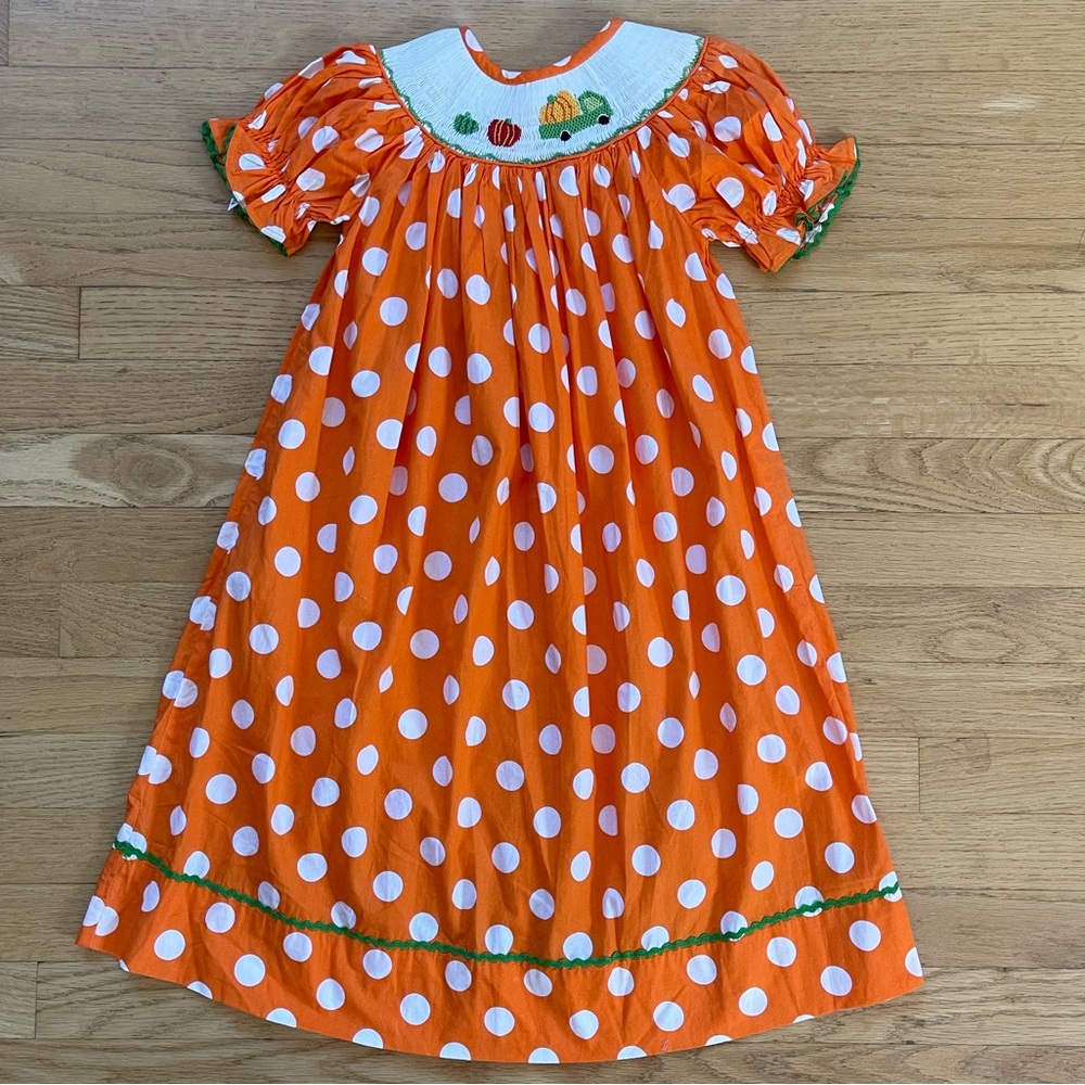 HAND SMOCKED EUC Polka Dot Ricrac Fall Harvest Pumpkin Smocked Bishop Dress